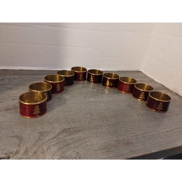 Set Of 10 Christmas Red Enameled Napkin Rings With Tree - Picture 2 of 6